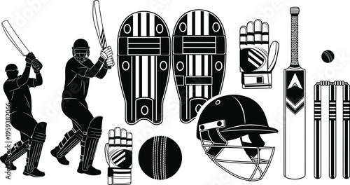 Cricket Player and Equipment Silhouette Vector Set, Batting Action, Helmet, Pads, Gloves, Ball and Wickets Collection Isolated in Black