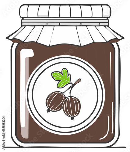 Cartoon illustration of a glass jar of homemade gooseberry jam preserves with a label