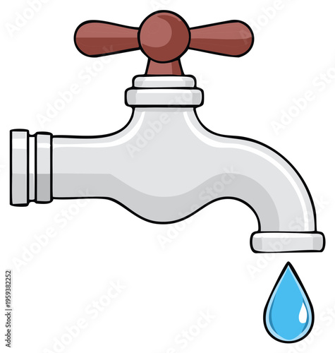 Simple cartoon illustration of a water tap with a single blue drop dripping from the faucet