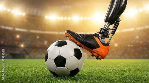 Strength and inclusion one-legged soccer player with prosthesis ready for kick in night stadium selective focus on motion