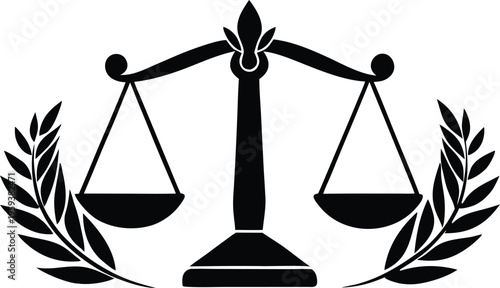 Law justice balance scales icon with laurel wreath symbol