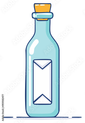 Sealed message inside an empty glass bottle with a wooden cork stopper vector illustration