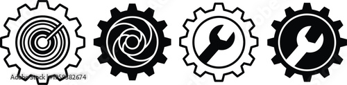 Four gear icons with different symbols inside