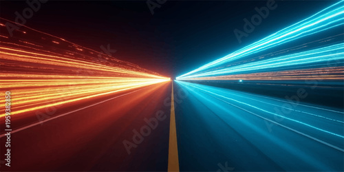 Fast car motion creates abstract light trails and speed blur across the urban highway asphalt as night traffic drives through the city landscape perspective