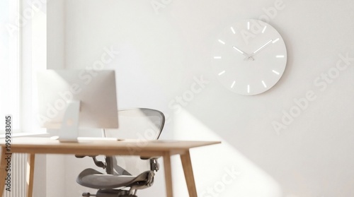 Modern home office workspace with computer and clock on white wall