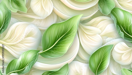 Elegant Composition of Fresh Green Leafy Vegetables with Creamy White Layers for Culinary Background