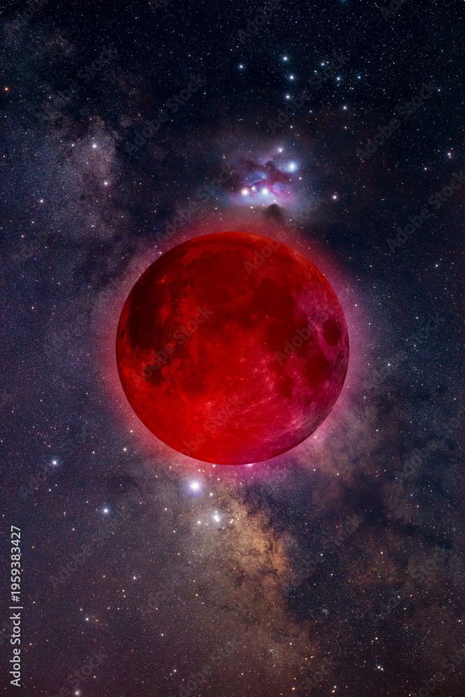 Fototapeta premium Lunar eclipse on a starry Milky Way background.