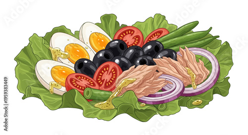 Fresh tuna salad with boiled eggs, olives, tomatoes, and red onion on lettuce