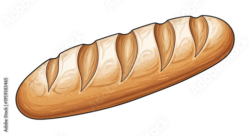Freshly baked baguette bread with golden crust and scoring marks, isolated on white
