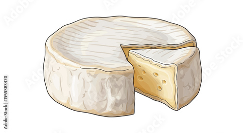 Freshly cut brie cheese wheel with a slice removed, isolated on white