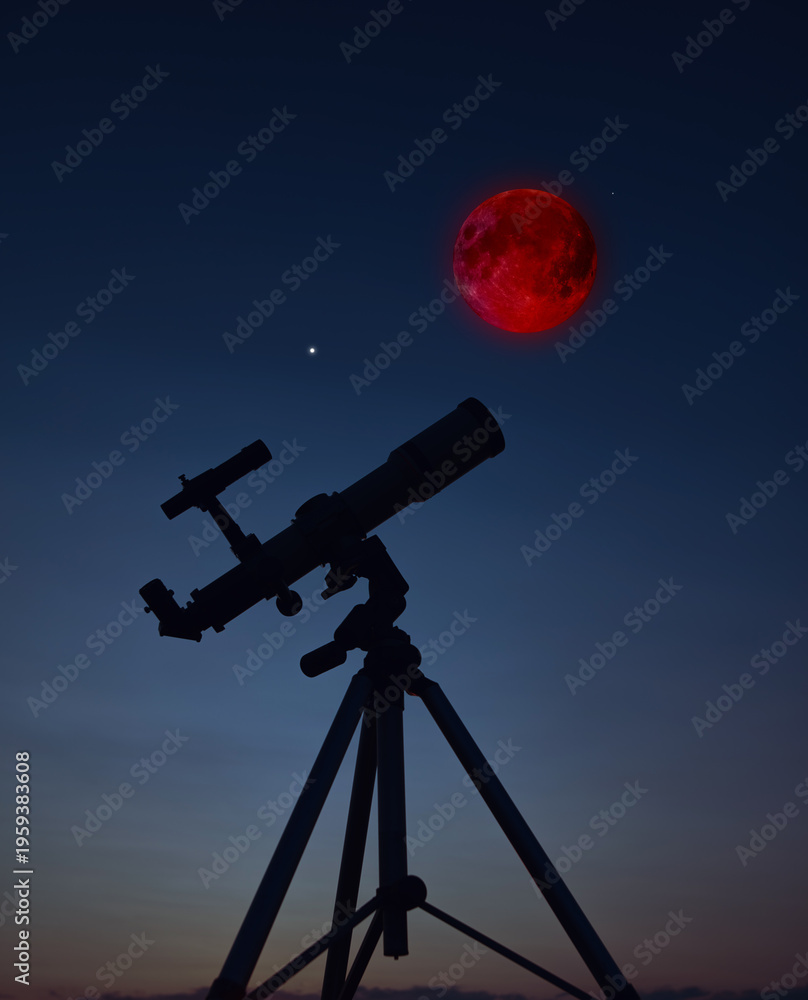 Fototapeta premium Astronomy telescope for observing Lunar eclipse, stars, planets and other celestial Milky Way objects.