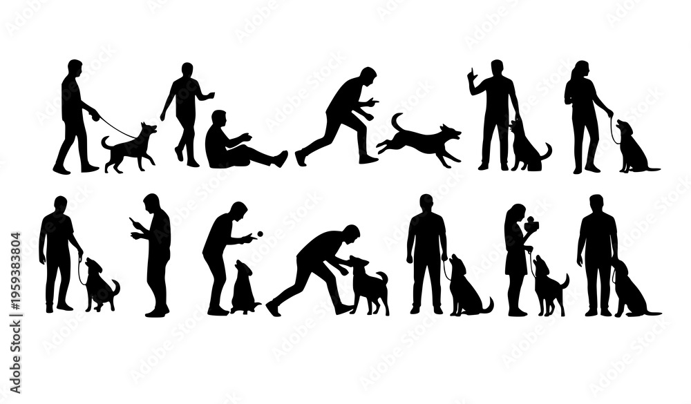 Fototapeta premium Dynamic dog and human silhouettes playful interaction training and bonding vector illustration isolated on white