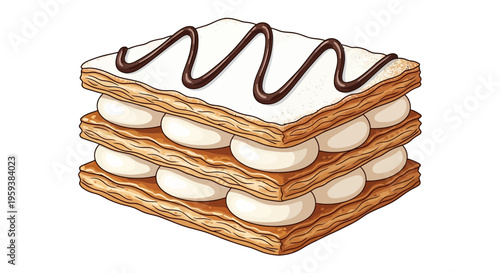 Millefeuille Pastry Dessert with Cream and Chocolate Drizzle