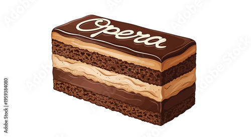 Opera cake slice with text