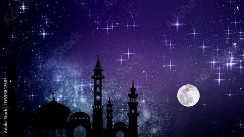 Mesmerizing animation of a silhouette of Islamic mosques against a vibrant, starry night sky with a luminous full moon.