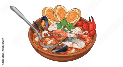 Seafood stew in bowl with bread and ladle, illustration