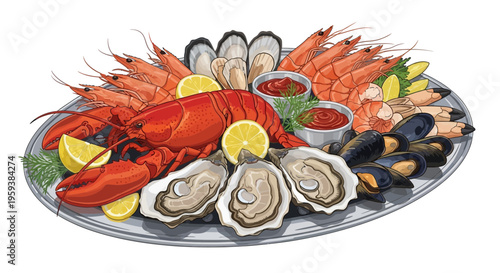 Seafood platter with lobster, shrimp, oysters, mussels, lemon and dipping sauce