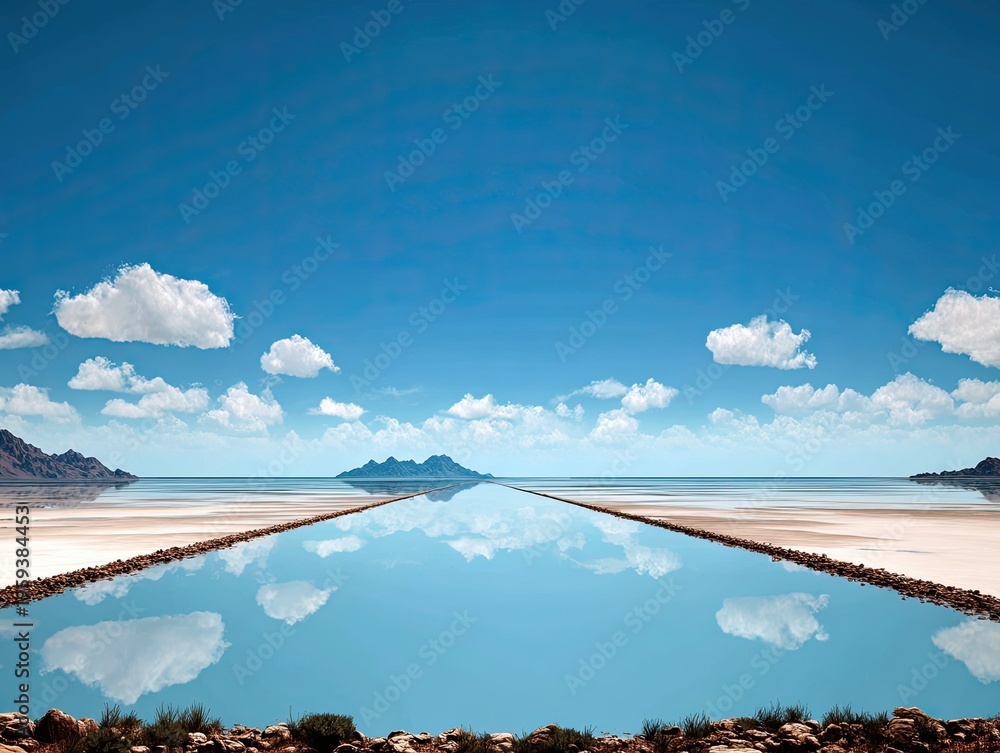 Obraz premium A breathtaking landscape reflects perfectly on still waters, creating a serene and dreamlike equilibrium of nature's beauty.