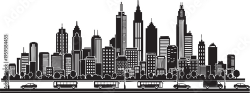 Black and white city skyline with buildings and vehicles on road skyscrapers