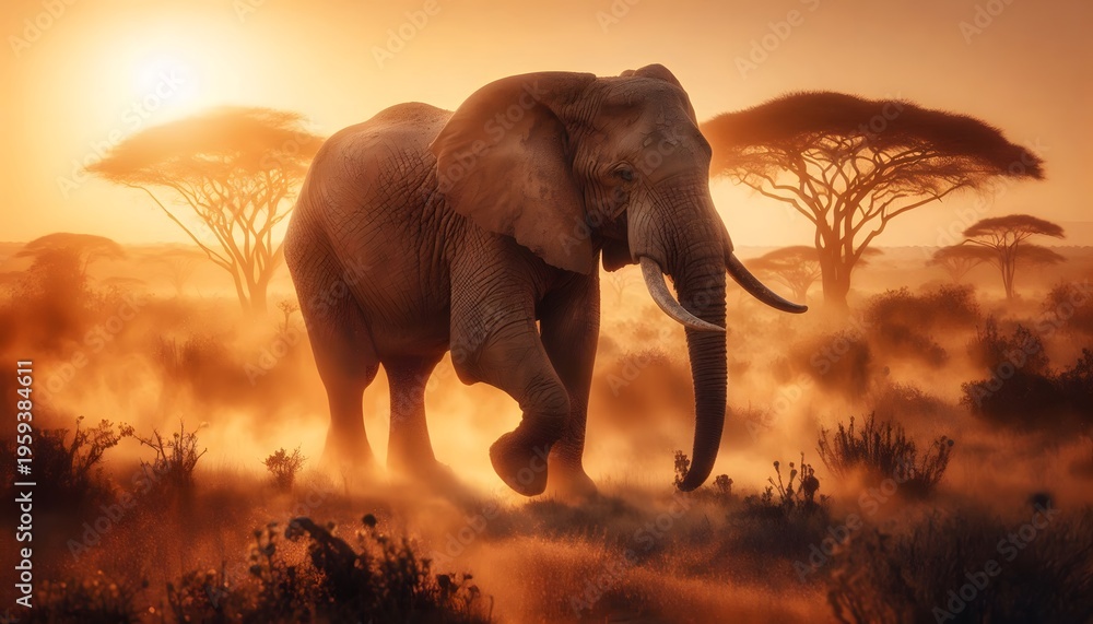 Fototapeta premium Large elephant walking through savanna at golden sunset with acacia trees in background