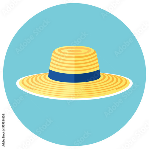 Yellow Striped Straw Sun Hat with Blue Band and Circular Background, Flat Vector Icon