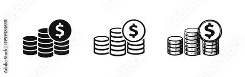 Stacks of dollar coins icon set. Financial increase, savings, and investment growth symbols in various styles.