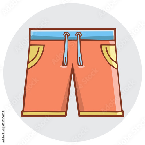 Colorful cartoon icon of casual summer shorts with drawstring waistband.