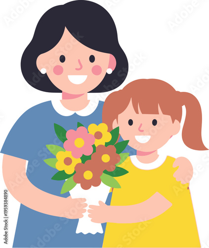 Happy young girl with pigtails embraces a smiling woman while jointly holding a colorful bouquet of flowers.