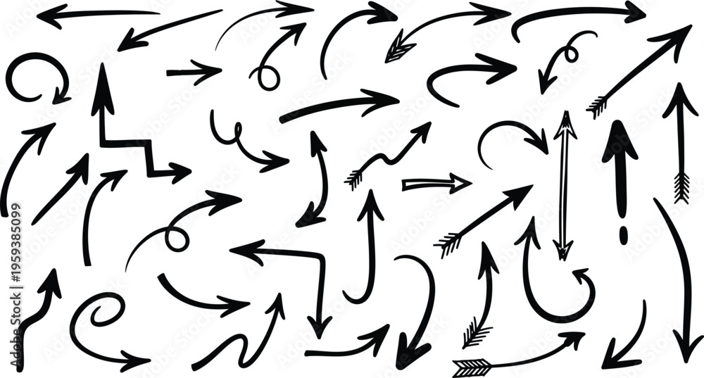 Fototapeta premium Collection of hand drawn black arrows pointing in various directions on white background