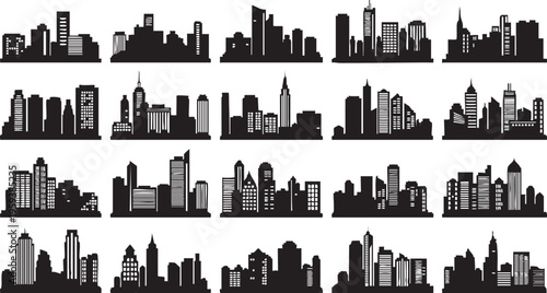 Black and white city skylines with various buildings and skyscrapers urban landscapes