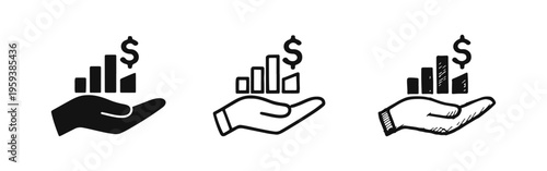 Financial growth in hand icon set. Business success, investment return, and profit increase symbols.