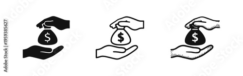 Hand giving or receiving money bag icon set. Financial assistance, charity, savings, and wealth transfer symbols.