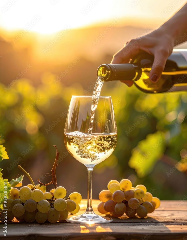 Fototapeta premium Pouring white wine into a glass surrounded by grapes at sunset.