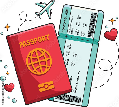 Passport and Airplane Boarding Pass Vector Illustration with Flight Ticket, Plane, Hearts, and Stars