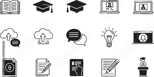 Black and white e-learning including graduation caps, laptops, books, and speech bubbles