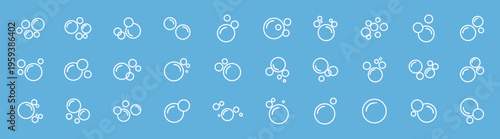 Soap bubbles and foam icons, hygiene cleaning water detergent symbols, round minimal line vector set for washing bath shower