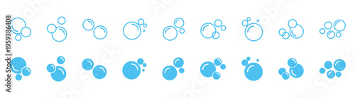 Soap foam bubbles blue outline icon set, clean water detergent hygiene symbols, minimal round bubble collection isolated on transparent background