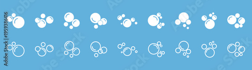 Soap bubbles and foam outline icons, thin line hygiene cleaning water detergent symbols, simple round vector set for bath shower washing 