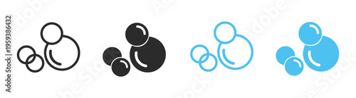 Soap bubbles and foam blue outline icons, hygiene cleaning water detergent symbols, minimal round vector set for bath shower washing isolated on transparent background