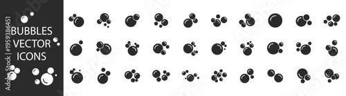 Soap foam bubbles black glyph icon set, solid silhouette cleaning hygiene water detergent symbols, simple flat round vector collection isolated on transparent background