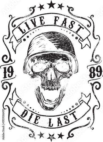 Skull live fast die last helmet vintage graphic design with t shirt