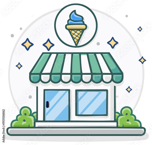 Cheerful Ice Cream Shop Vector Illustration with Green Awning and Cone Logo for Sweet Treats