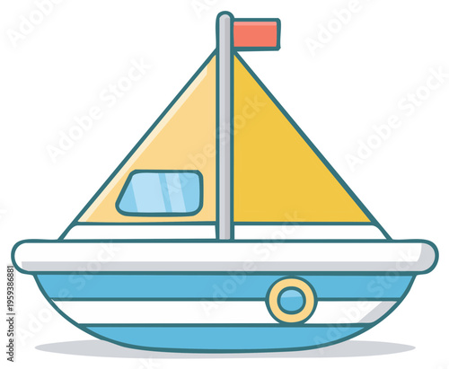 Simple cartoon sailboat with yellow sails and blue striped hull sailing on water