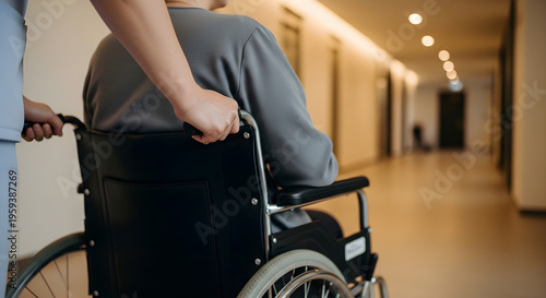 Caring healthcare professional pushing a patient in a wheelchair down a bright hospital corridor, symbolizing support and medical assistance in recovery and mobility