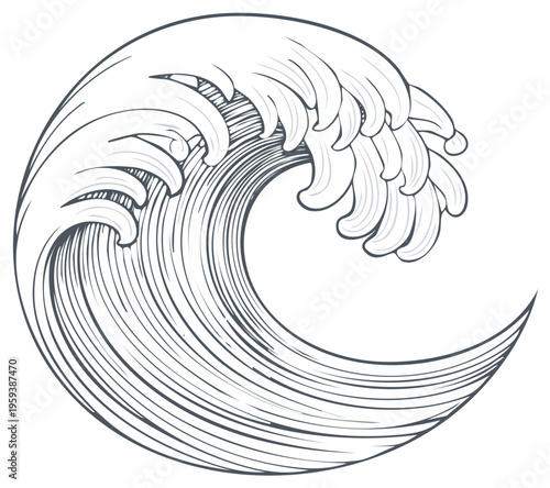 Line art illustration of a stylized ocean wave cresting with abstract details.