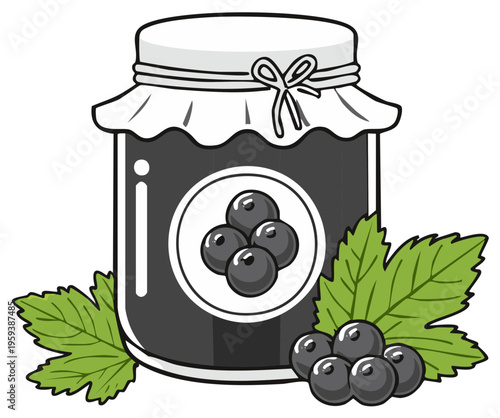 Jar of blackcurrant jam with leaves and berries, cartoon illustration.