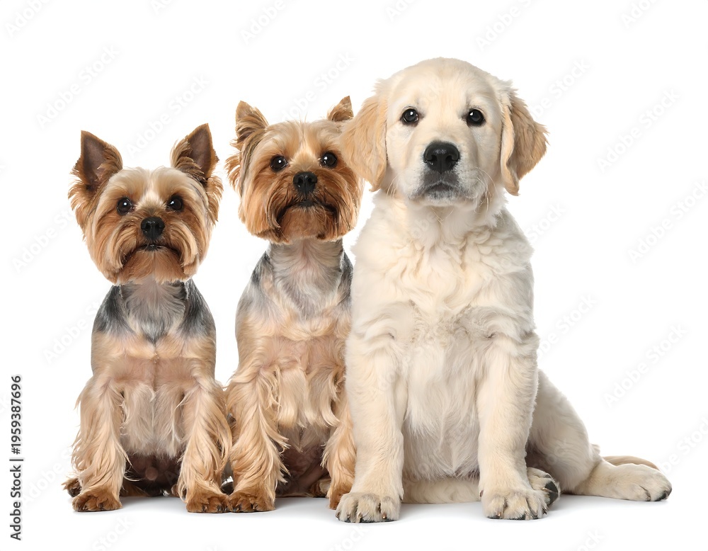 Fototapeta premium Three well-groomed dogs posing on a plain white background