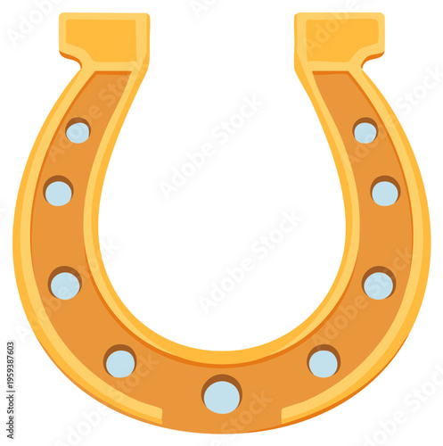 Golden horseshoe with light blue nail holes illustration, good luck symbol.