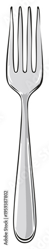 Stylized Silver Fork Illustration Utensil for Dining Silverware Dining Set Food Service Culinary Arts Four Tines Flatware Tableware
