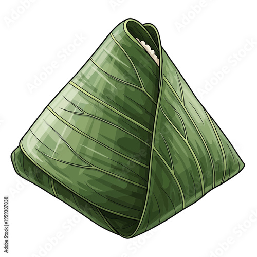 Triangle shaped food wrapped in green leaf, illustration